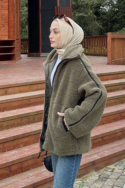 Biye Detaylı Tedy Peluş Mont Haki