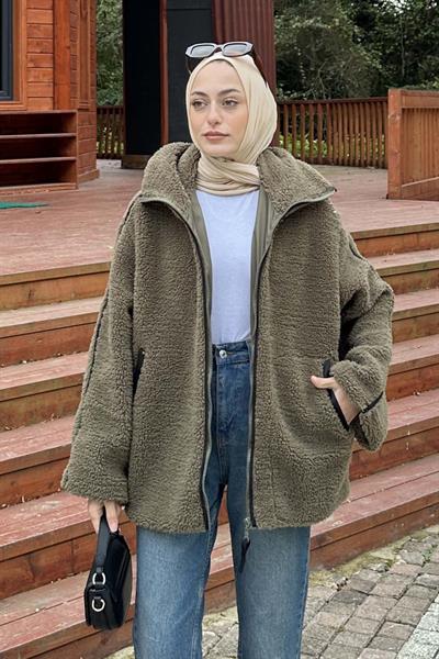 Biye Detaylı Tedy Peluş Mont Haki