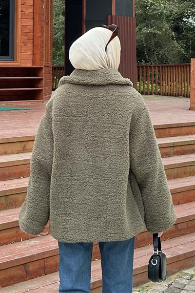 Biye Detaylı Tedy Peluş Mont Haki