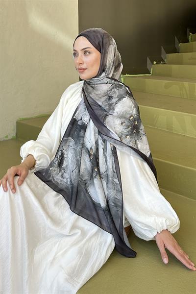 Bohem Çiçek Desen Soft Şal Siyah Kahverengi