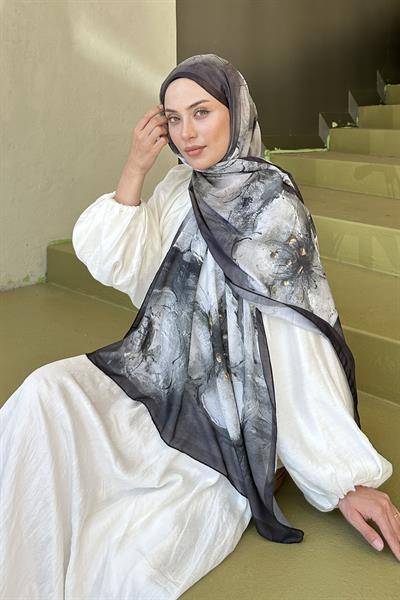 Bohem Çiçek Desen Soft Şal Siyah Kahverengi