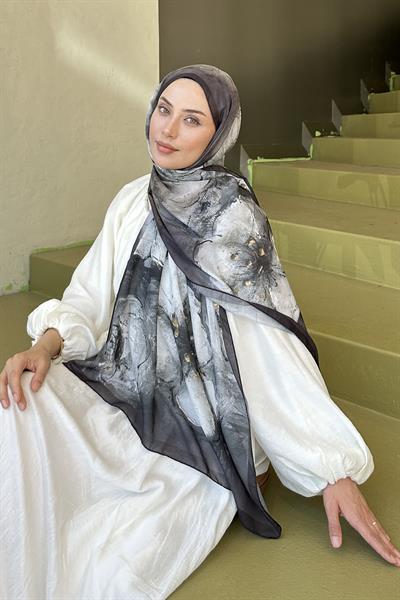 Bohem Çiçek Desen Soft Şal Siyah Kahverengi