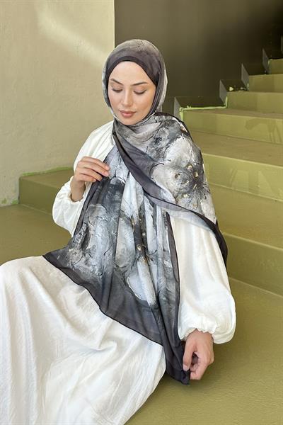 Bohem Çiçek Desen Soft Şal Siyah Kahverengi
