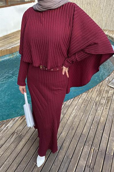 Balıksırtı Kemerli Elbise Bordo