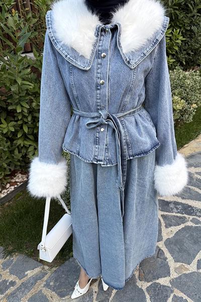 Kürk Detaylı Denim Takım Kot Mavi