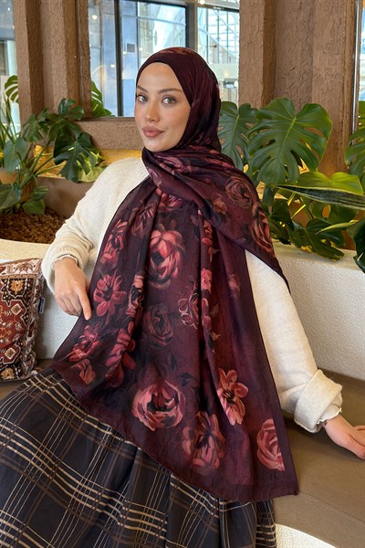 Çiçek Desen Bambu Şal Koyu Bordo
