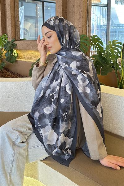 Batik Çiçek Desen Bambu Şal Antrasit