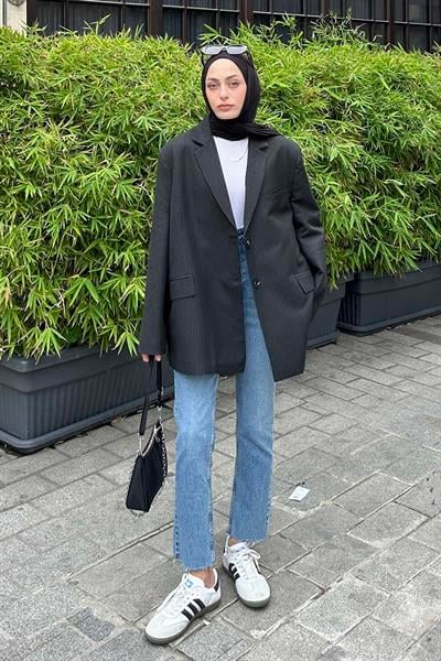 Çizgili Blazer Ceket Siyah