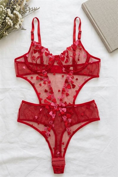 Kırmızı Kalp Desen Bodysuit Kırmızı