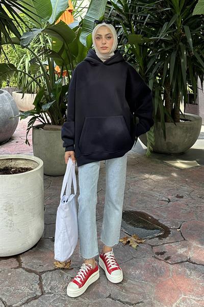 Kapüşonlu 3 İplik Kanguru Cep Şardonlu Beli Lastikli Sweatsh Lacivert