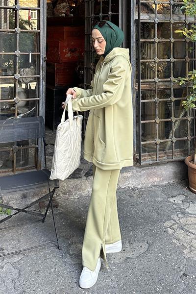 Kol Büzgü Detaylı İkili Scuba Tesettür Takım Yeşil