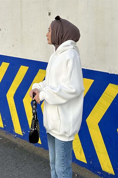 Üç İplik Kanguru Cep Sweatshirt Beyaz