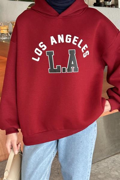 Los Angeles Baskılı Oversize Sweatshirt Bordo
