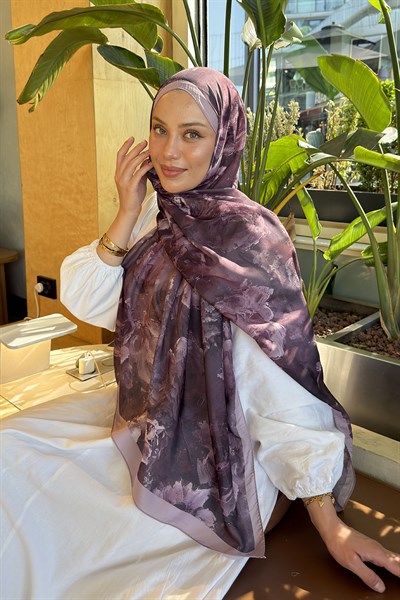 Gül Çiçek Desen Lara Soft Şal Mürdüm