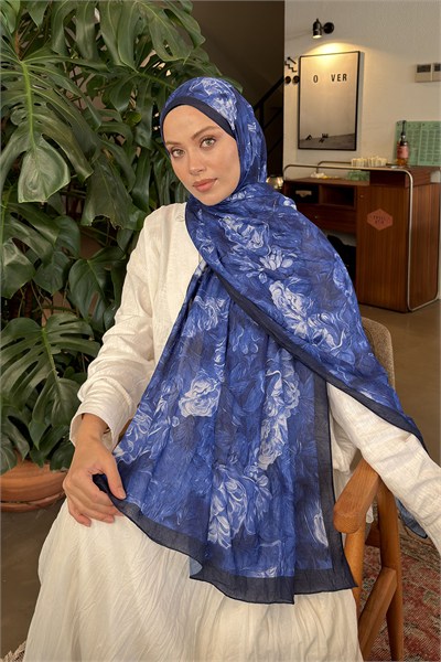 Vintage Flower Desen Bambu Şal Gece Mavisi