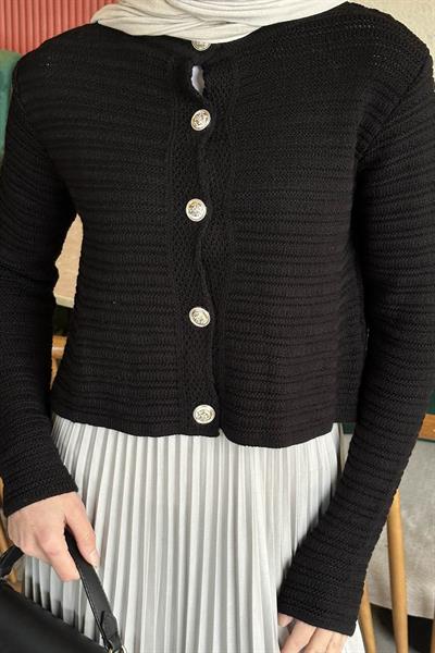 Links Desenli Crop Hırka Siyah