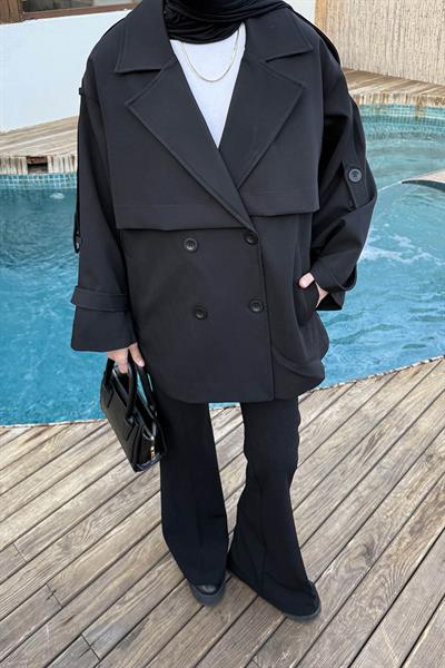 Omuz Apoletli Kısa Trençkot Siyah