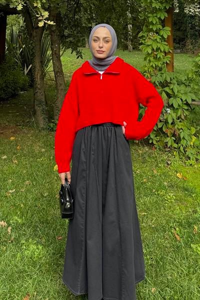 Yaka Fermuarlı Crop Triko Kazak Nar Çiçeği