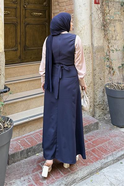 Düğme Detaylı Elbise Lacivert