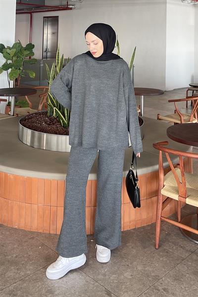 Düz İkili Triko Tesettür Takım Antrasit