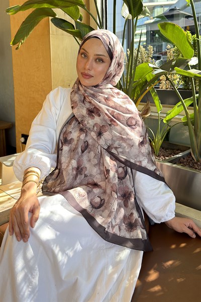 Çiçek Desen Lara Soft Şal vizonrengi