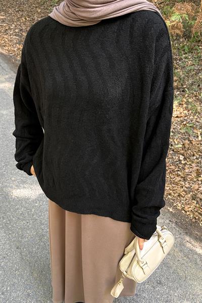 Kendinden Desenli Triko Kazak Siyah