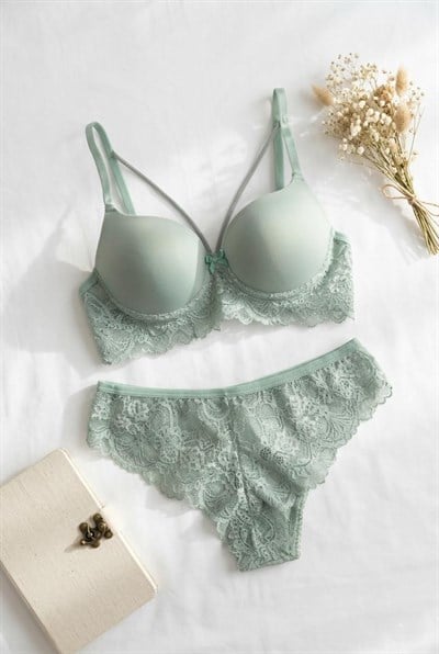 Dantelli Destekli Ipli Sütyen Takımı Mint Yeşili