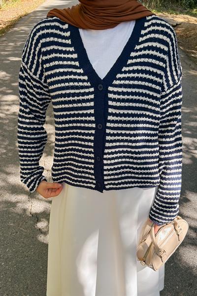 İnce Çizgili Triko Hırka Lacivert