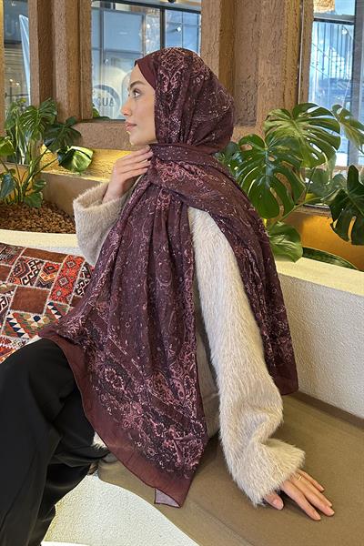 Retro Desen Bambu Şal Mürdüm