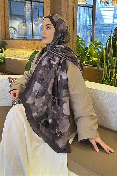 Batik Çiçek Desen Bambu Şal Acı Kahverengi