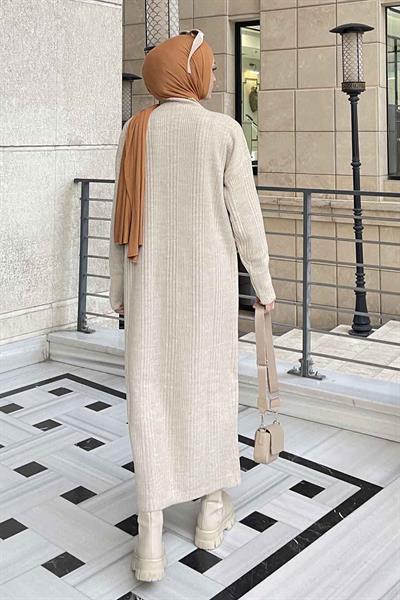 Fitilli Triko Uzun Elbise Bej