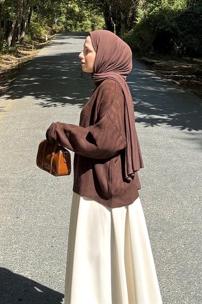 Kendinden Desenli Triko Kazak Kahverengi