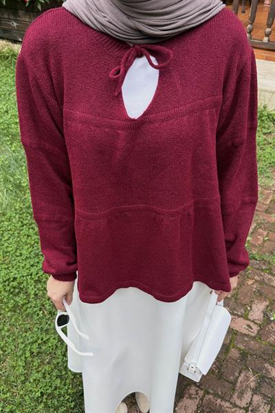 Yakası Bağcıklı Triko Kazak Bordo