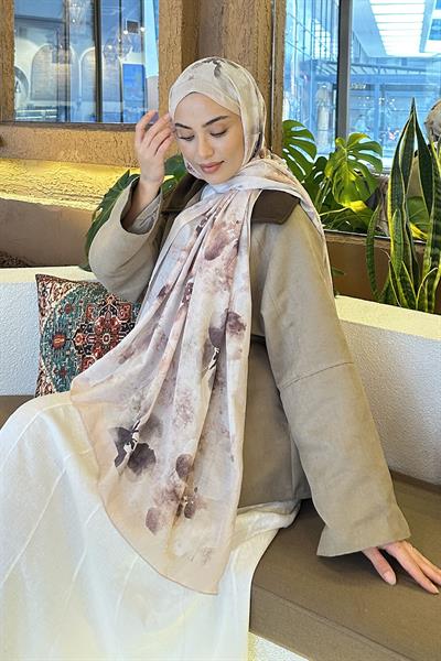 Batik Çiçek Desen Bambu Şal Bej
