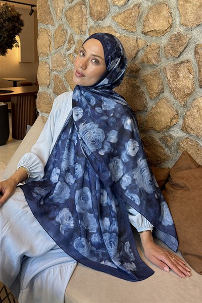 Botanik Çiçek Desen Lara Soft Şal Lacivert
