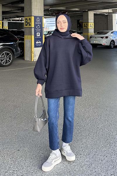 Üç İplik Balon Kol Sweatshirt Lacivert