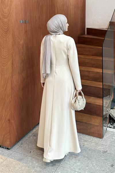 Kurdela Detaylı Scuba Elbise Krem