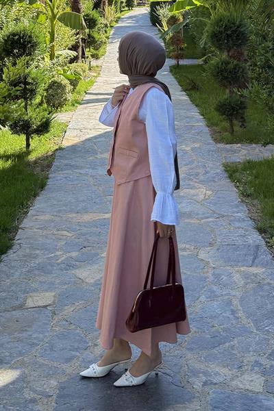 Gabardin Yelek-Etek İkili Tesettür Takım Pudra