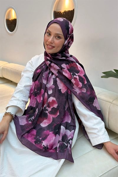 Batik Çiçek Desen Bambu Şal Mürdüm