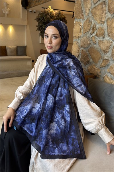 Vintage Flower Desen Bambu Şal Lacivert