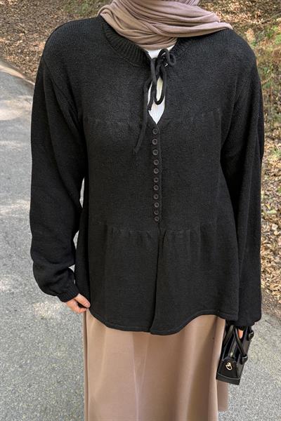 Yaka Bağlama Detaylı Kazak Siyah