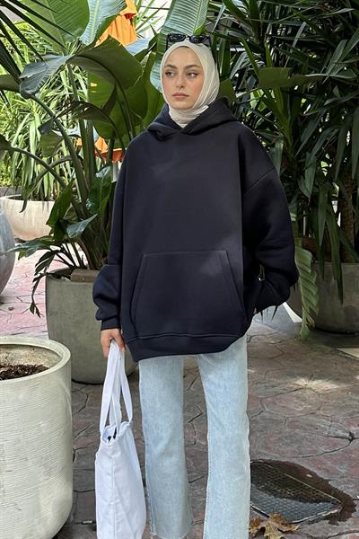 Kapüşonlu 3 İplik Kanguru Cep Şardonlu Beli Lastikli Sweatsh Lacivert
