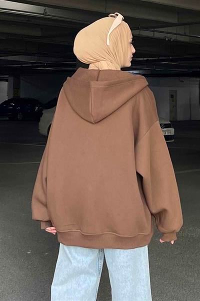 Kapüşonlu Oversize Yan Cepli Sweat Acı Kahverengi