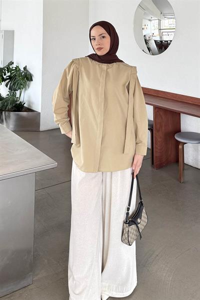 Omuz Vatka Detaylı Tesettür Gömlek Bej