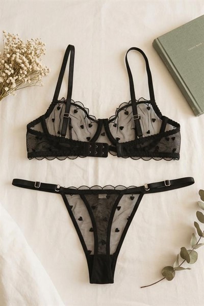 Kalp Nakışlı Tül  Sütyen Takım Siyah