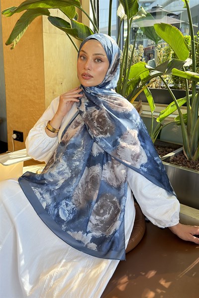 Gül Çiçek Desen Lara Soft Şal Kot Mavisi