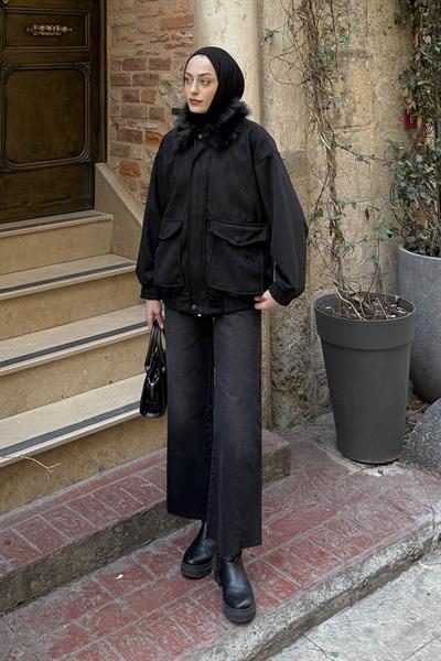 Kürk Yaka Cepli Mont Siyah