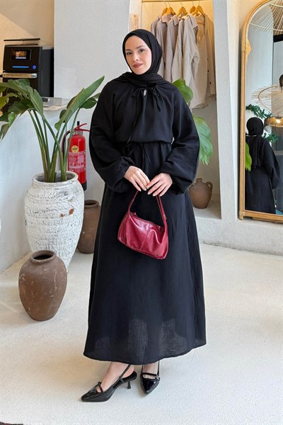 Balon Kol Bağlamalı Tesettür Elbise Siyah