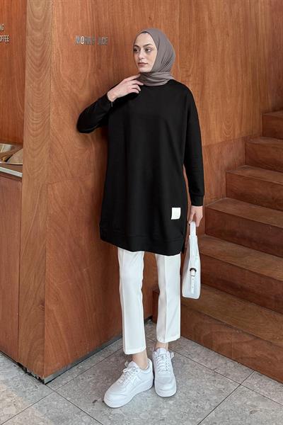 İki iplikli Arma Detaylı Sweat Tunik Siyah