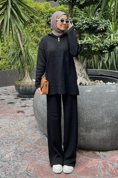 Fermuar Detaylı Pantolon Tesettür Takım Siyah